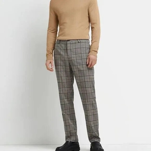 NWT Men's River Island Plaid Trouser Pants Skinny Fit Brown Black Size 32 - Picture 1 of 8